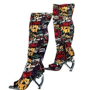Graffiti Print Knee-High Open Toe Boots with Heart Heels